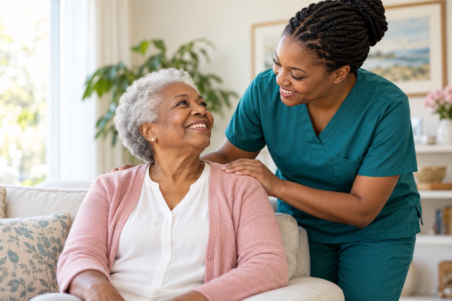 A caregiver in teal scrubs shares a warm moment with an older woman at home.