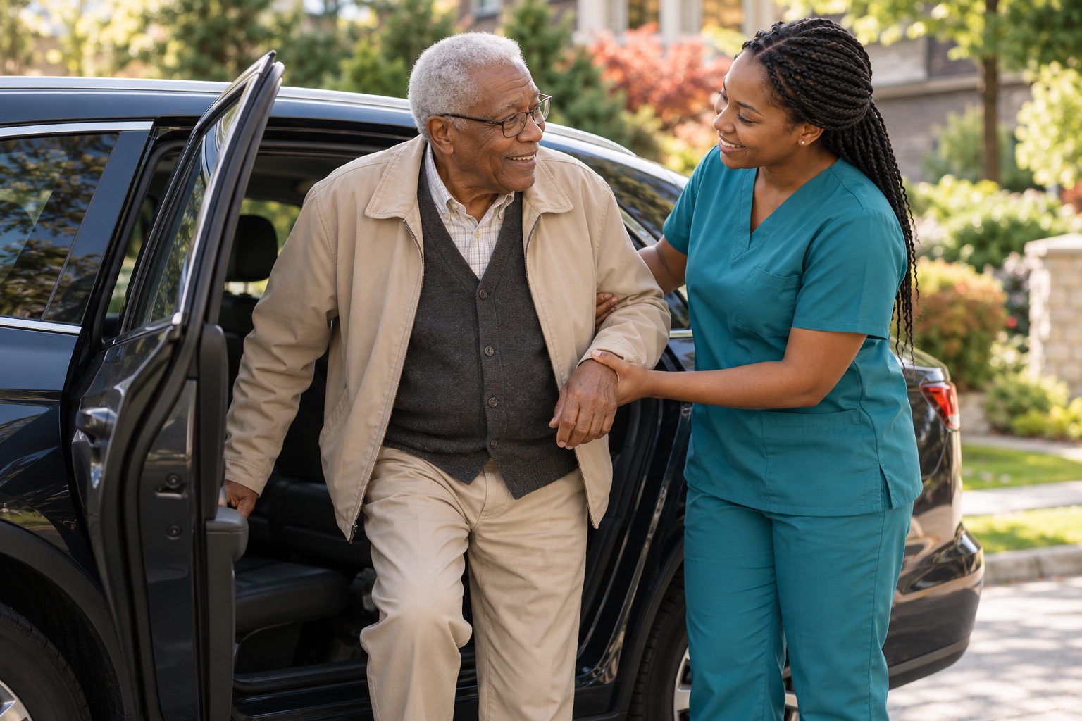 A caregiver helps an older man safely beside a car before his appointment.