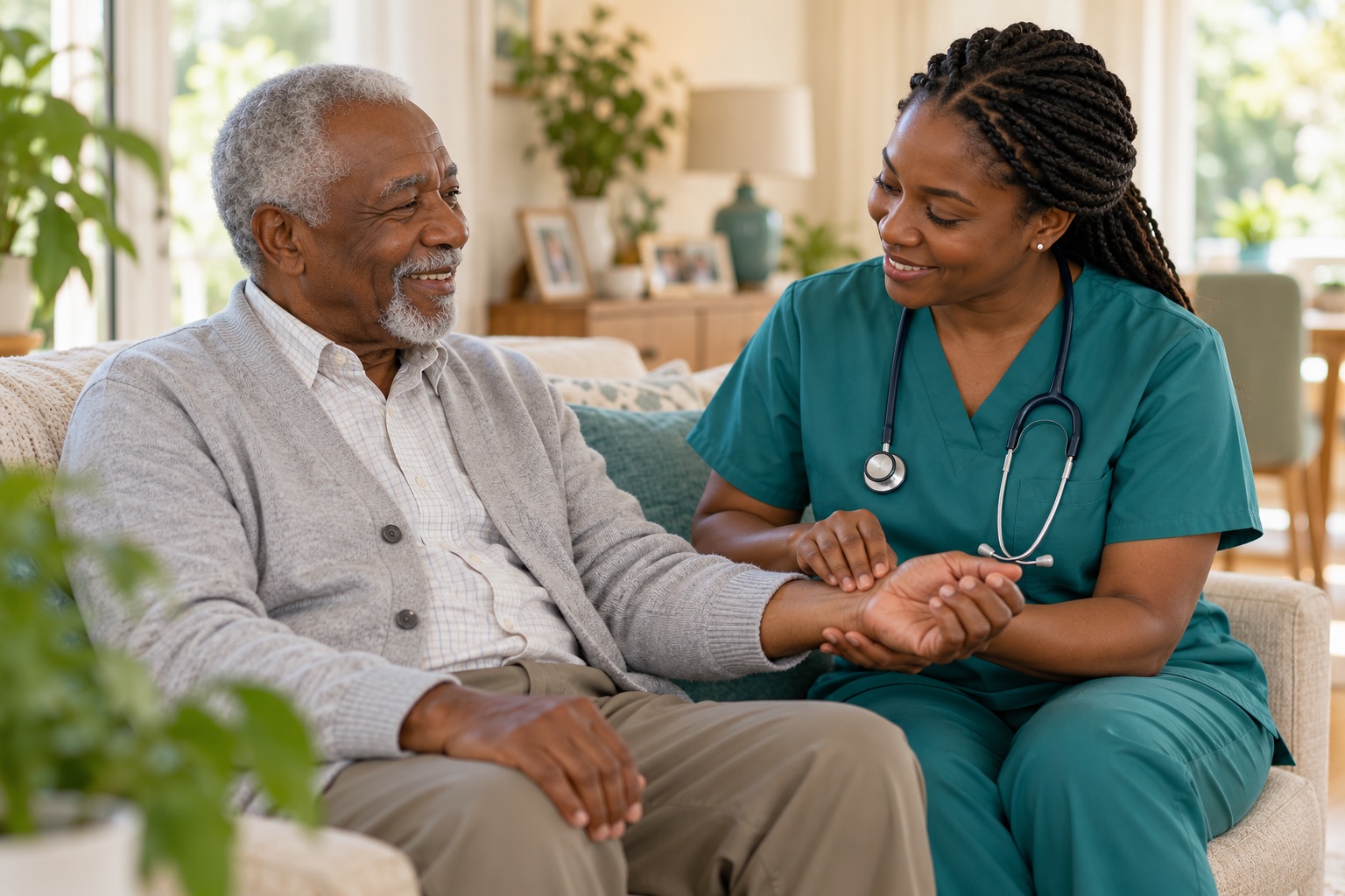 A visiting nurse checks an older man’s pulse while seated beside him at home.