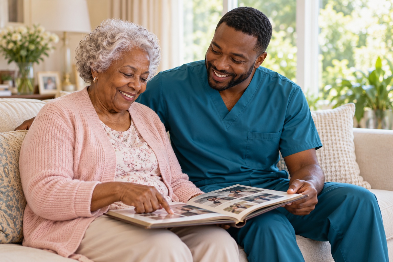 A caregiver and older woman enjoy looking at a family photo album.