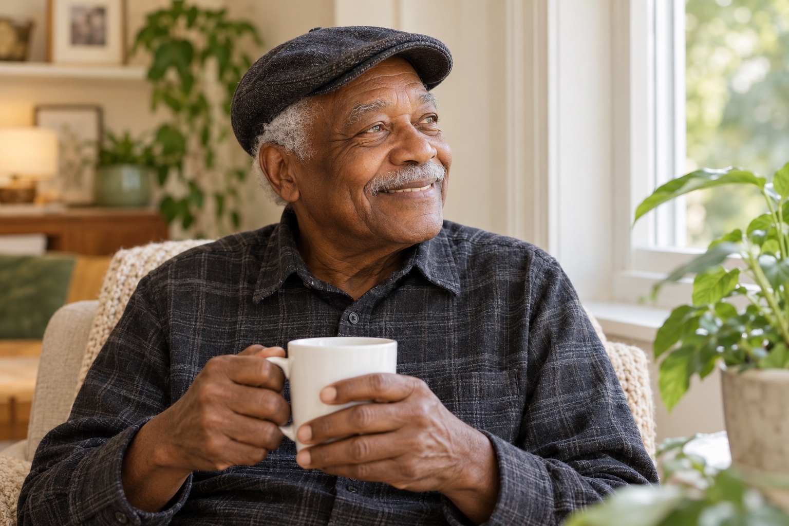 An older man enjoys a quiet cup of tea in his bright home.