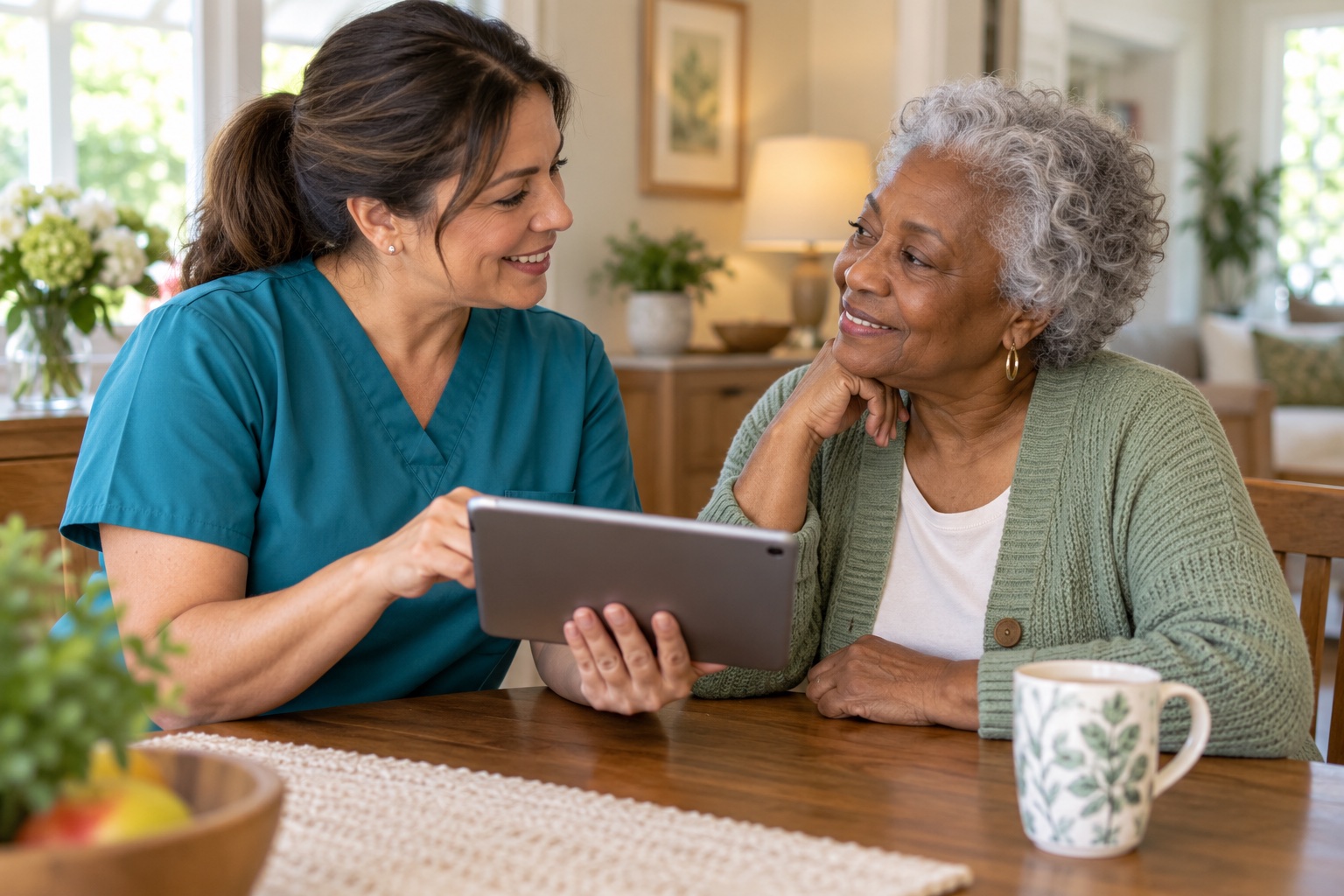 A nurse discusses a care plan with an older woman at her home.